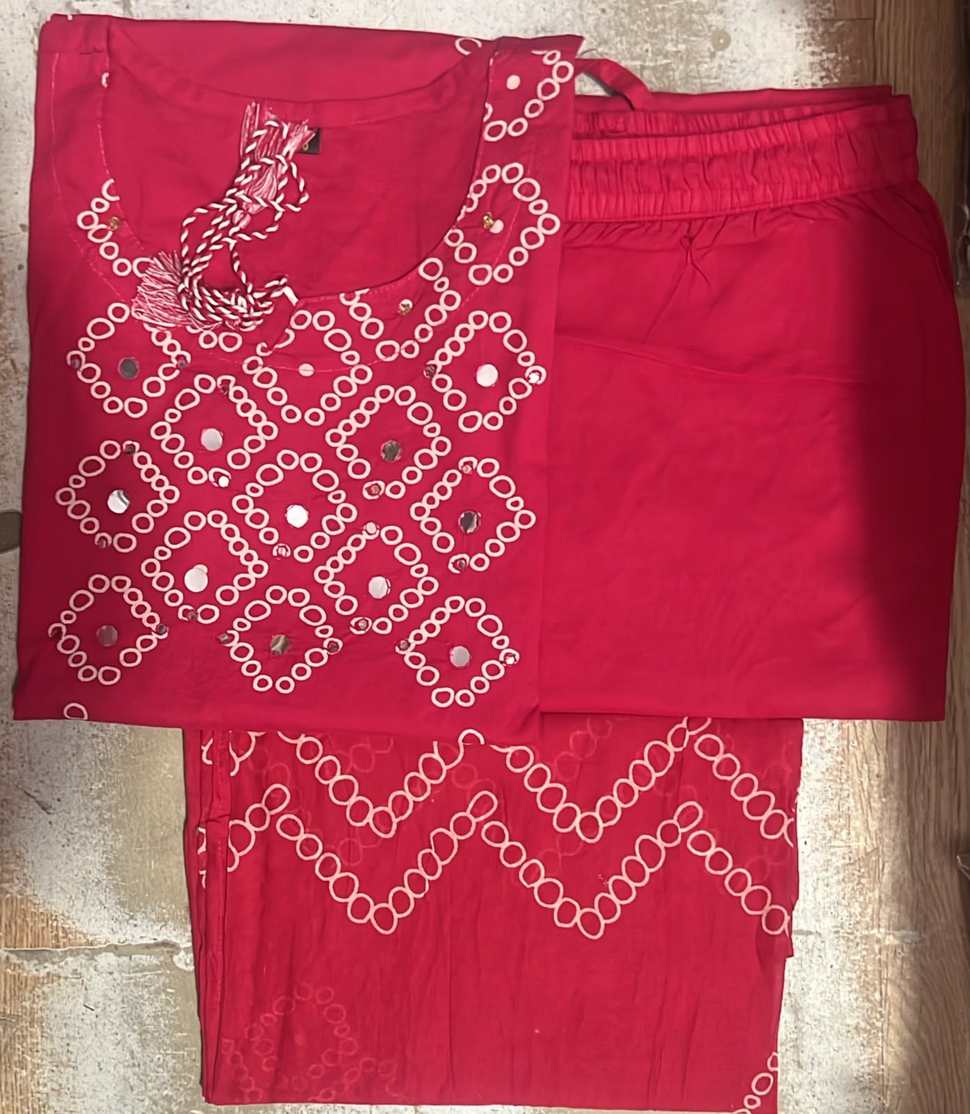 Cotton Bandhej Print Straight Kurta Set with Leheriya Pant & Malmal Dupatta