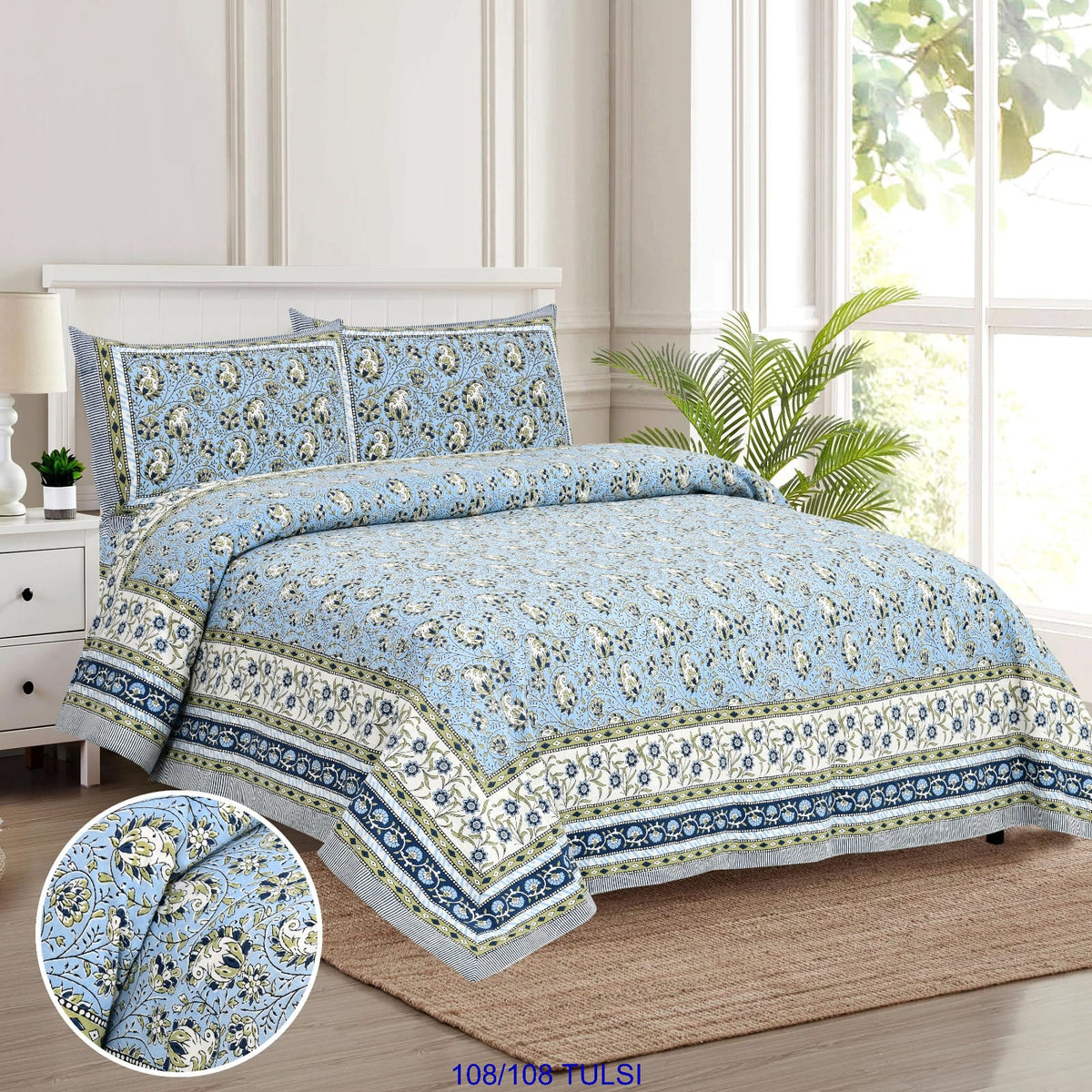 Cotton Bedsheet 108x108 Inches with 2 Flap Pillow Covers – 9x9 Feet