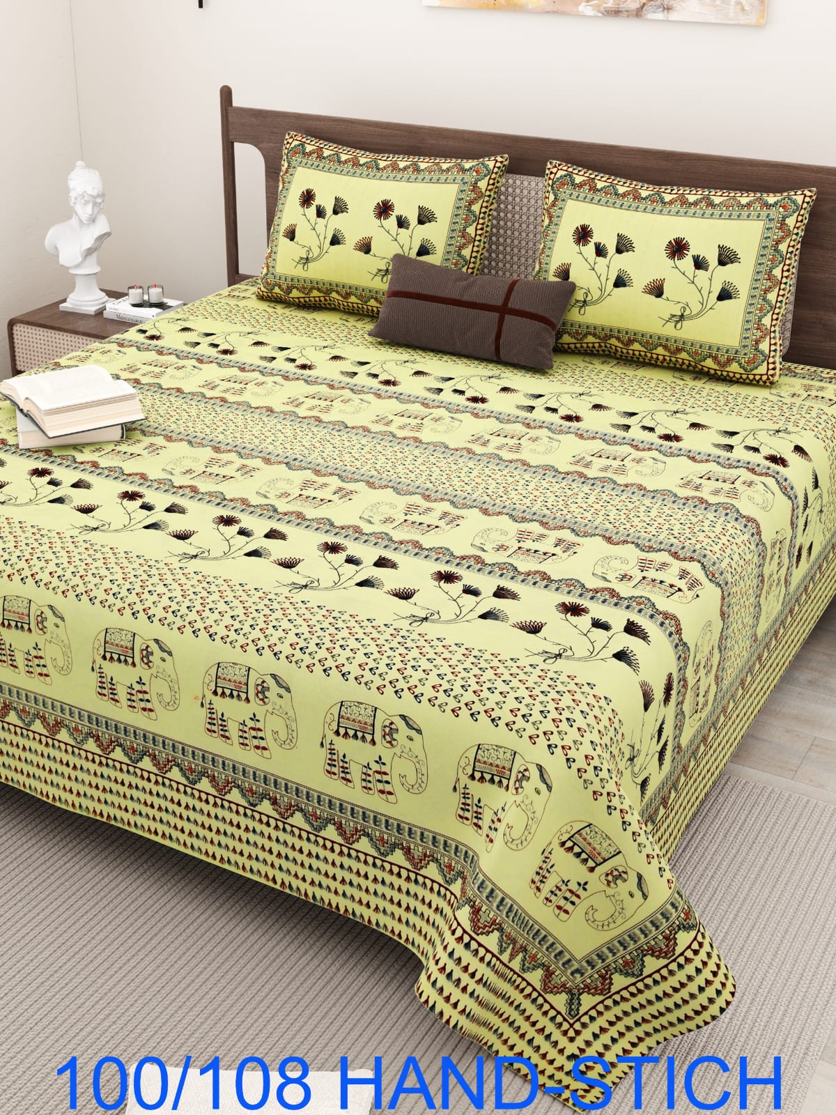 Cotton Bedsheet Set with Hand-Stitch Style Print (100×108 Inches)