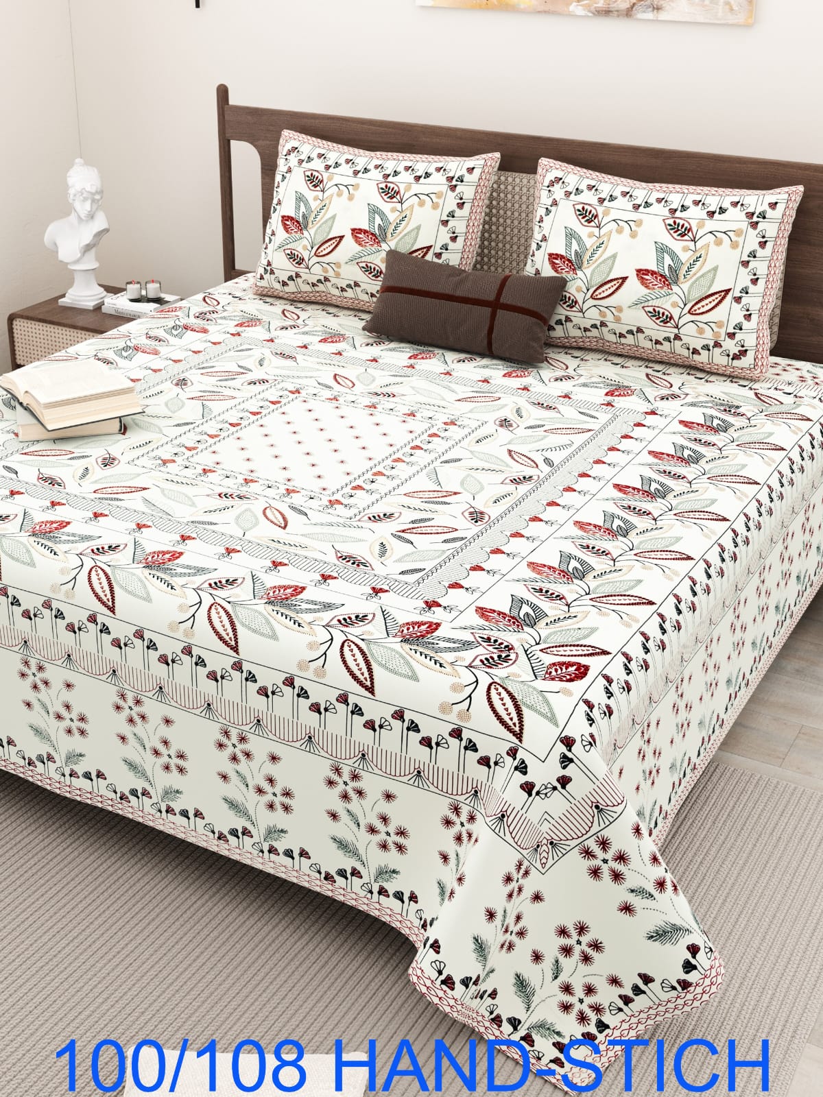 Cotton Bedsheet Set with Hand-Stitch Style Print (100×108 Inches)