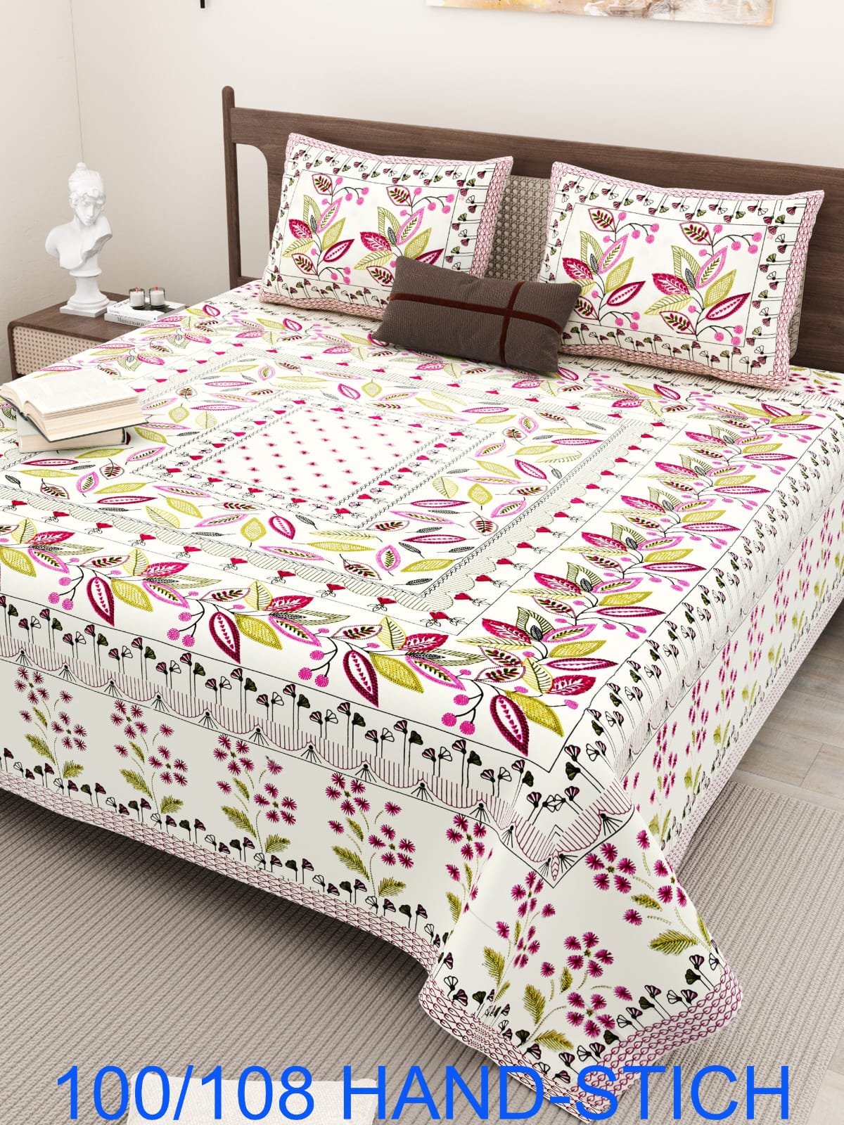 Cotton Bedsheet Set with Hand-Stitch Style Print (100×108 Inches)
