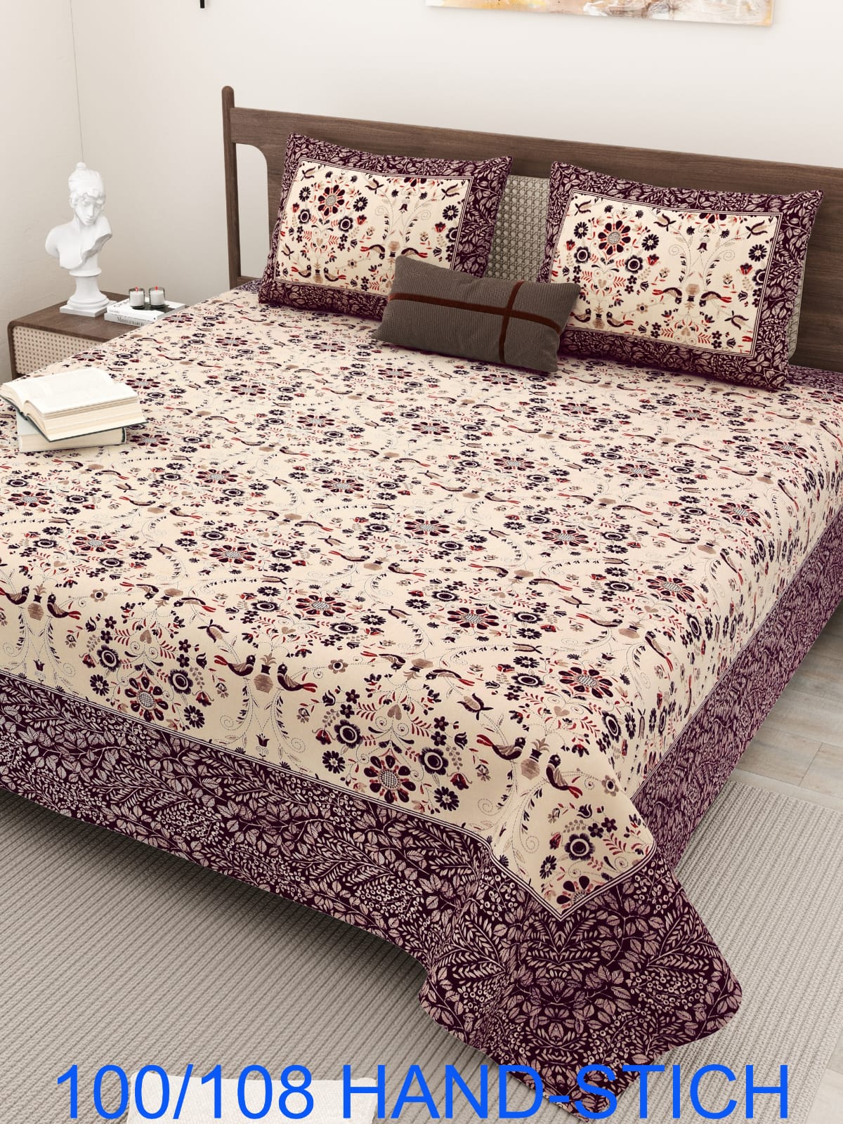 Cotton Bedsheet Set with Hand-Stitch Style Print (100×108 Inches)