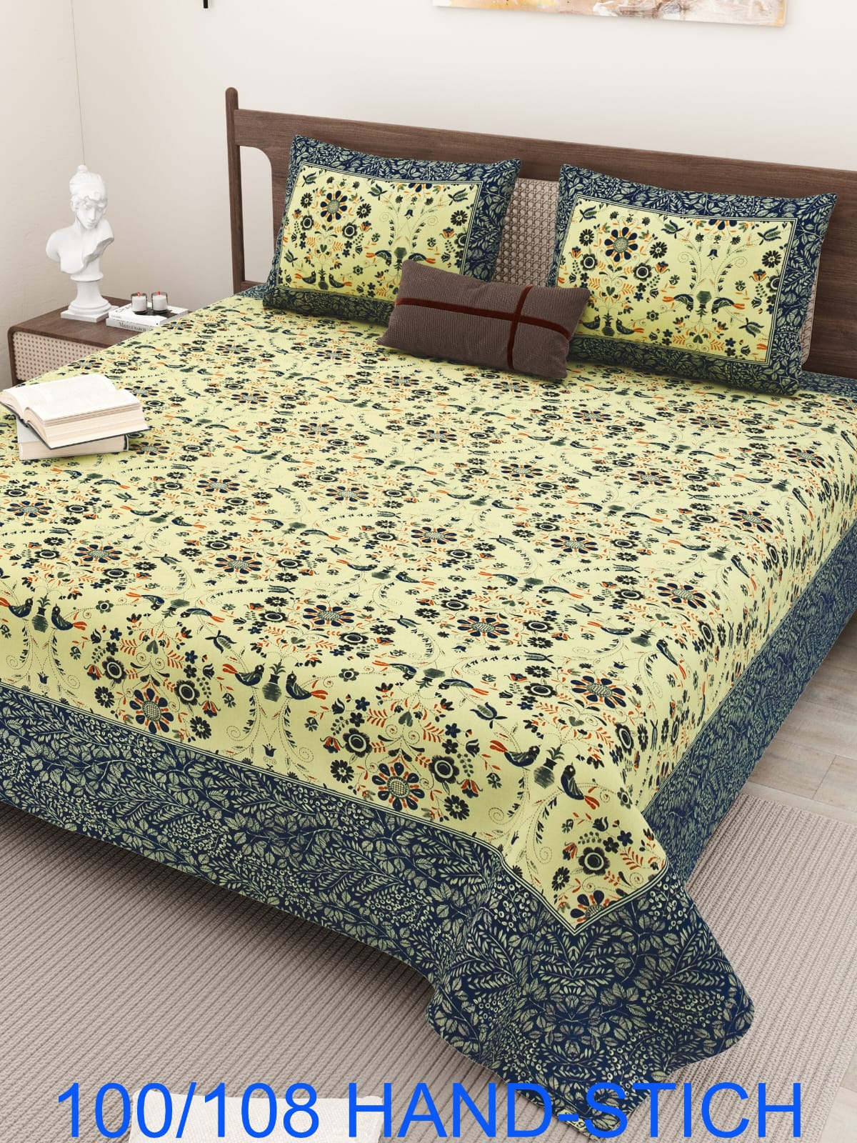 Cotton Bedsheet Set with Hand-Stitch Style Print (100×108 Inches)