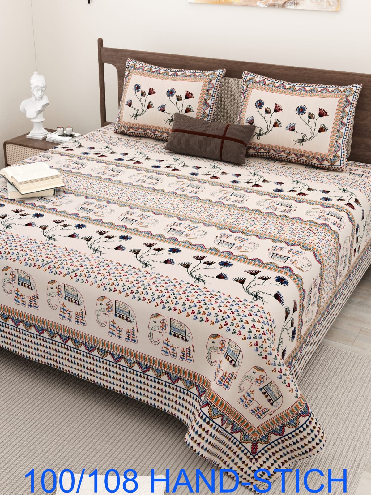 Cotton Bedsheet Set with Hand-Stitch Style Print (100×108 Inches)