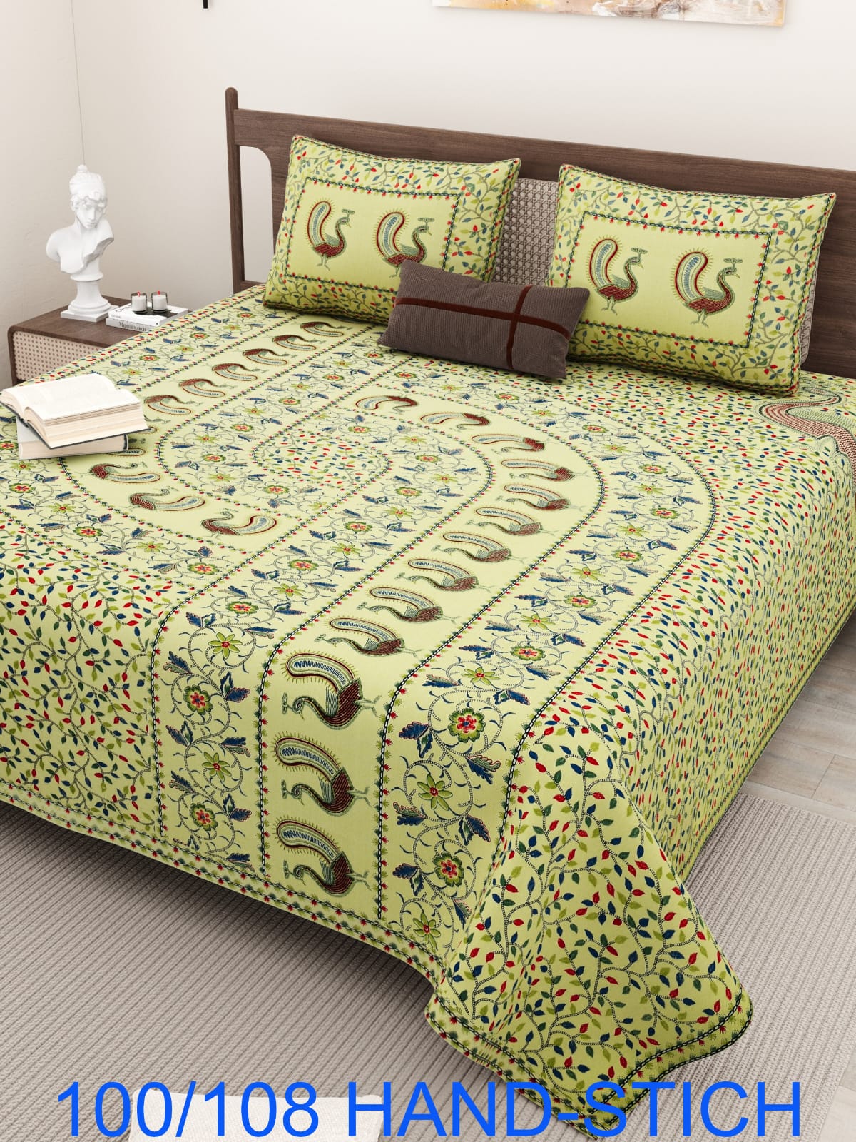 Cotton Bedsheet Set with Hand-Stitch Style Print (100×108 Inches)