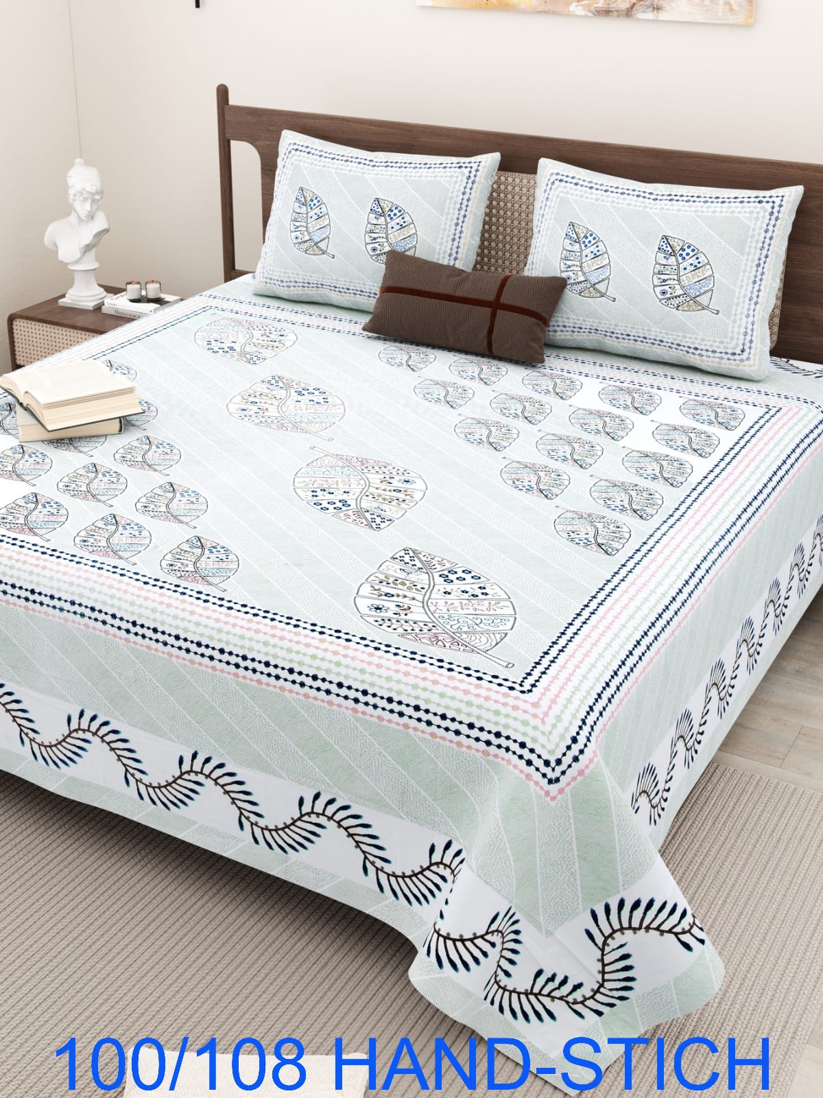 Cotton Bedsheet Set with Hand-Stitch Style Print (100×108 Inches)