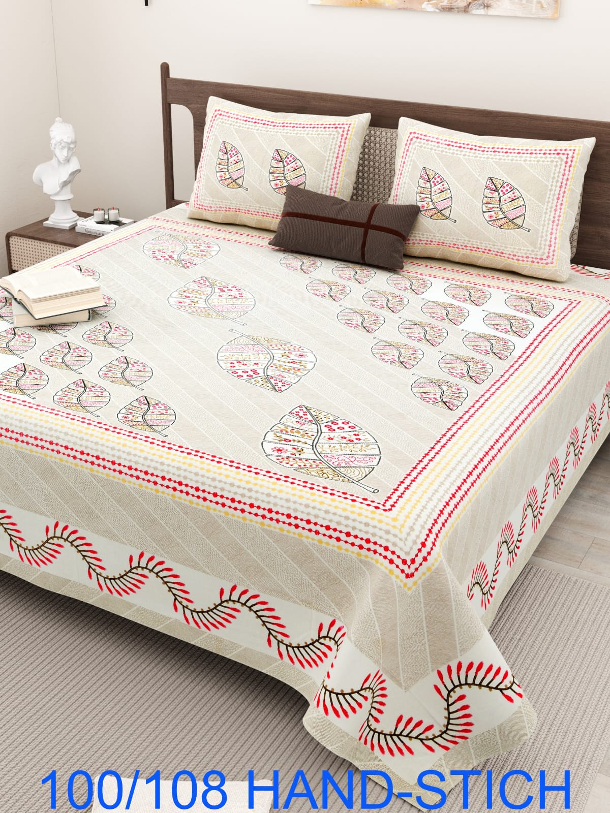 Cotton Bedsheet Set with Hand-Stitch Style Print (100×108 Inches)