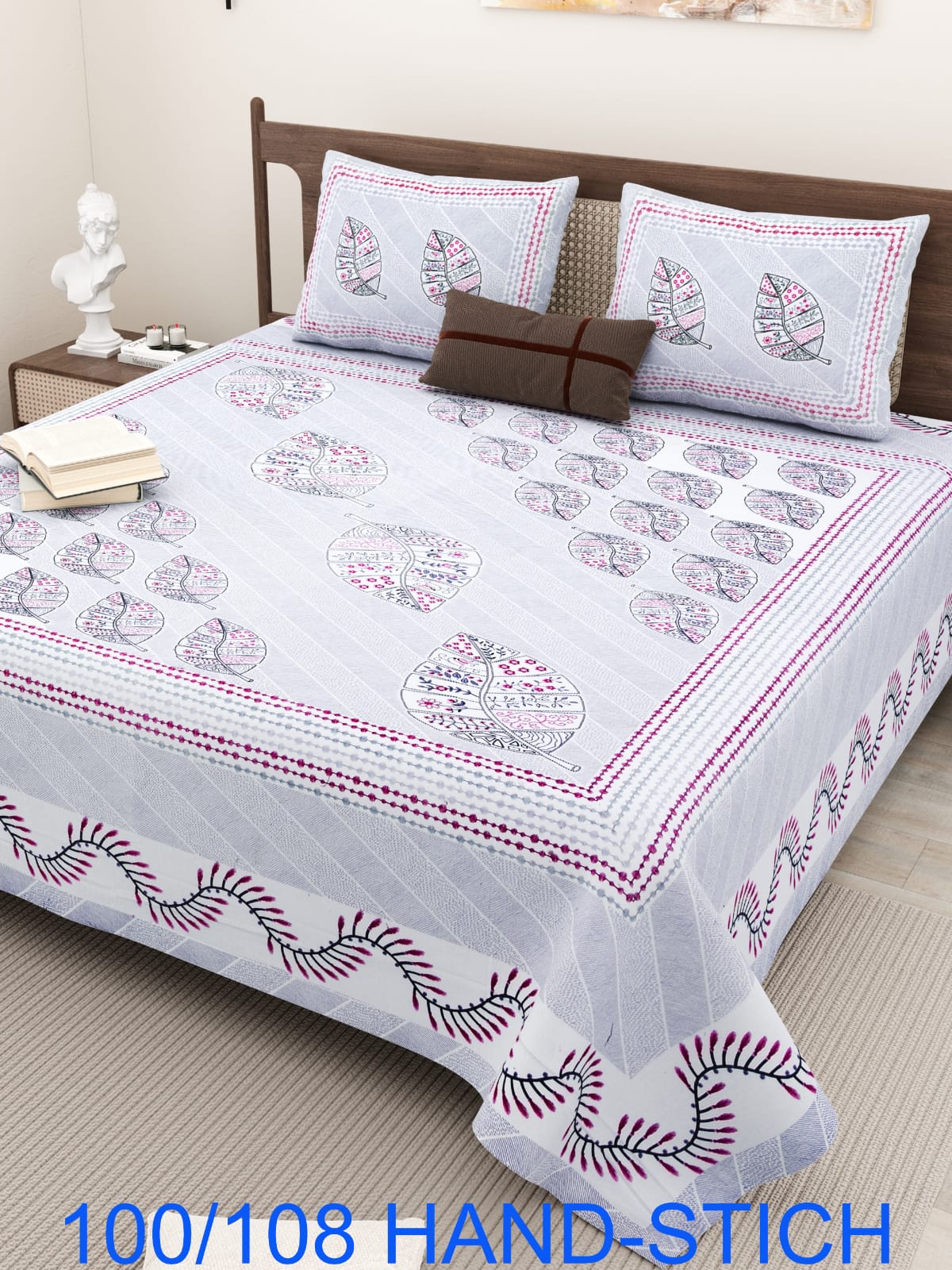 Cotton Bedsheet Set with Hand-Stitch Style Print (100×108 Inches)