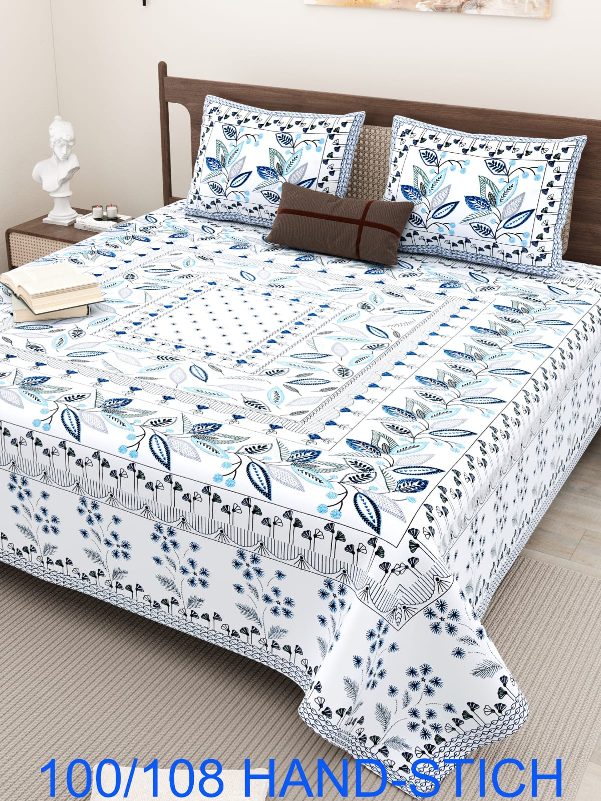 Cotton Bedsheet Set with Hand-Stitch Style Print (100×108 Inches)