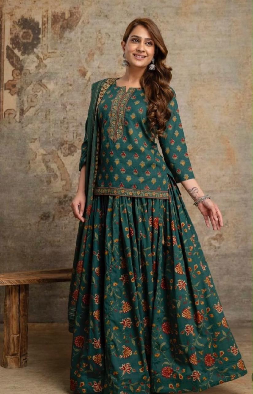 Cotton Block Print Gopi Dress Set with 3 Meter Flared Skirt and Dupatta