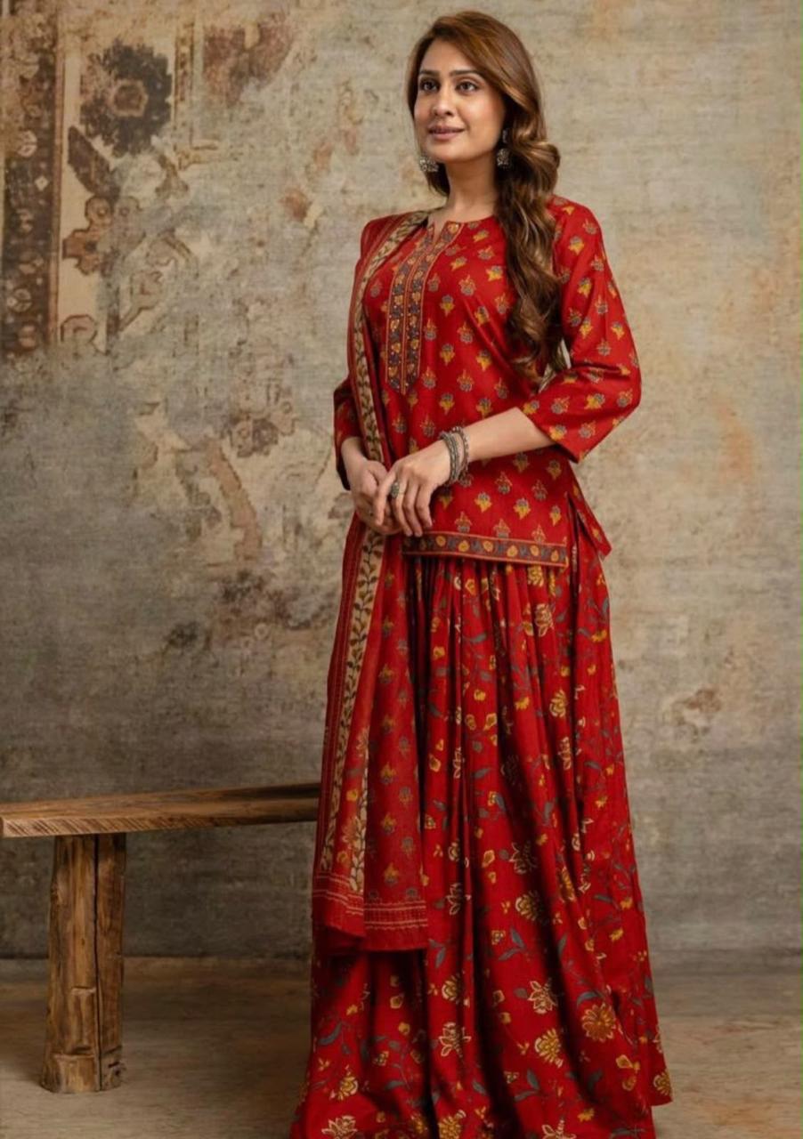 Cotton Block Print Gopi Dress Set with 3 Meter Flared Skirt and Dupatta