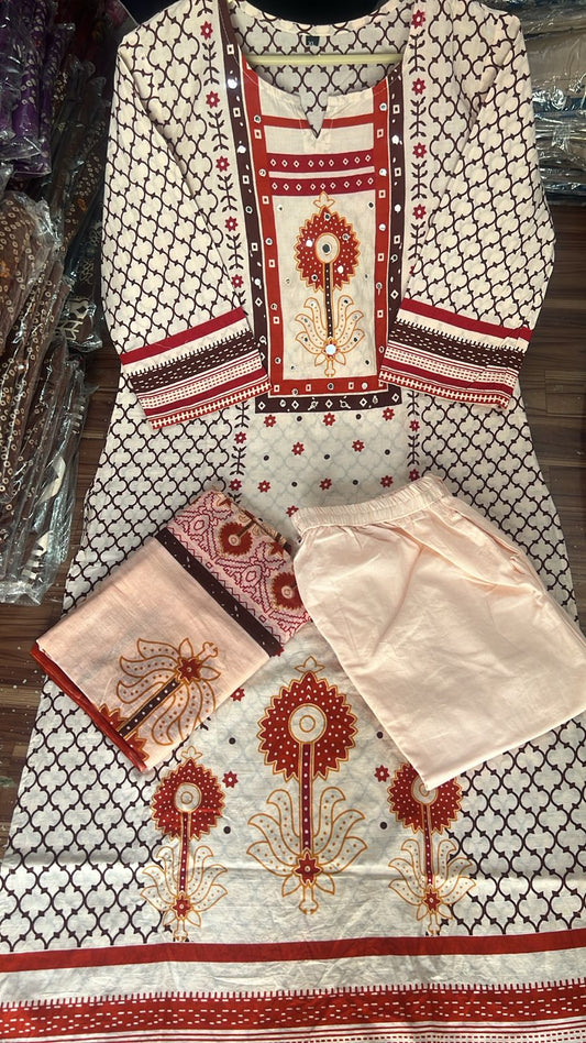 Cotton Block Print Kurta Pant & Dupatta Set | Round Neck