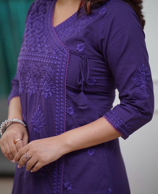 Cotton Chikankari Angrakha Kurti Pant Set | 60.60 Cotton