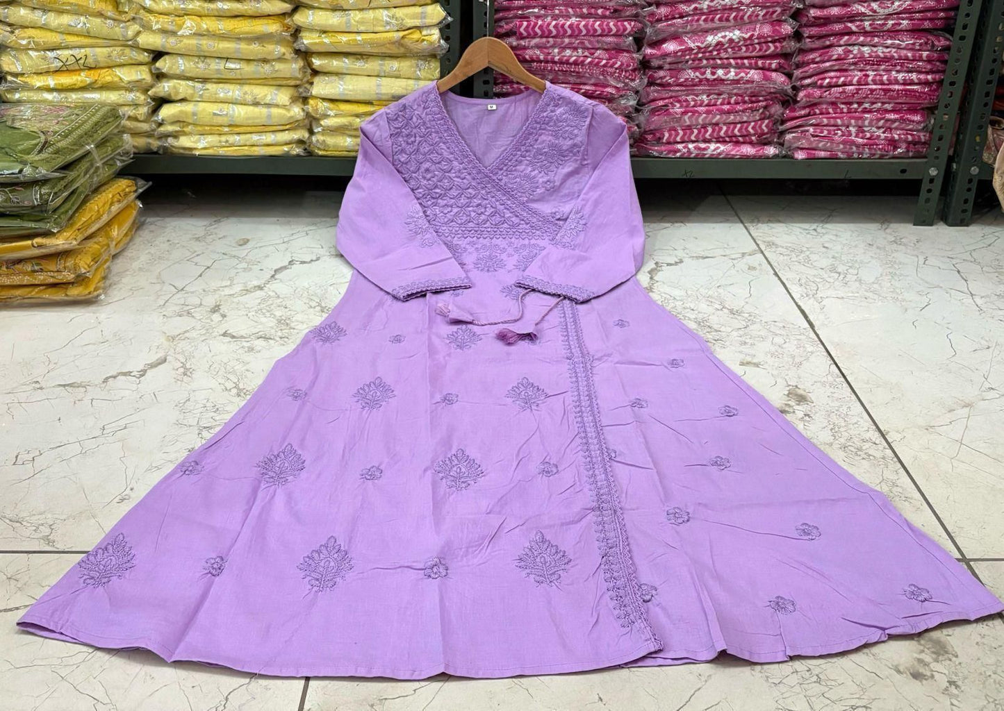 Cotton Chikankari Angrakha Kurti Pant Set | 60.60 Cotton