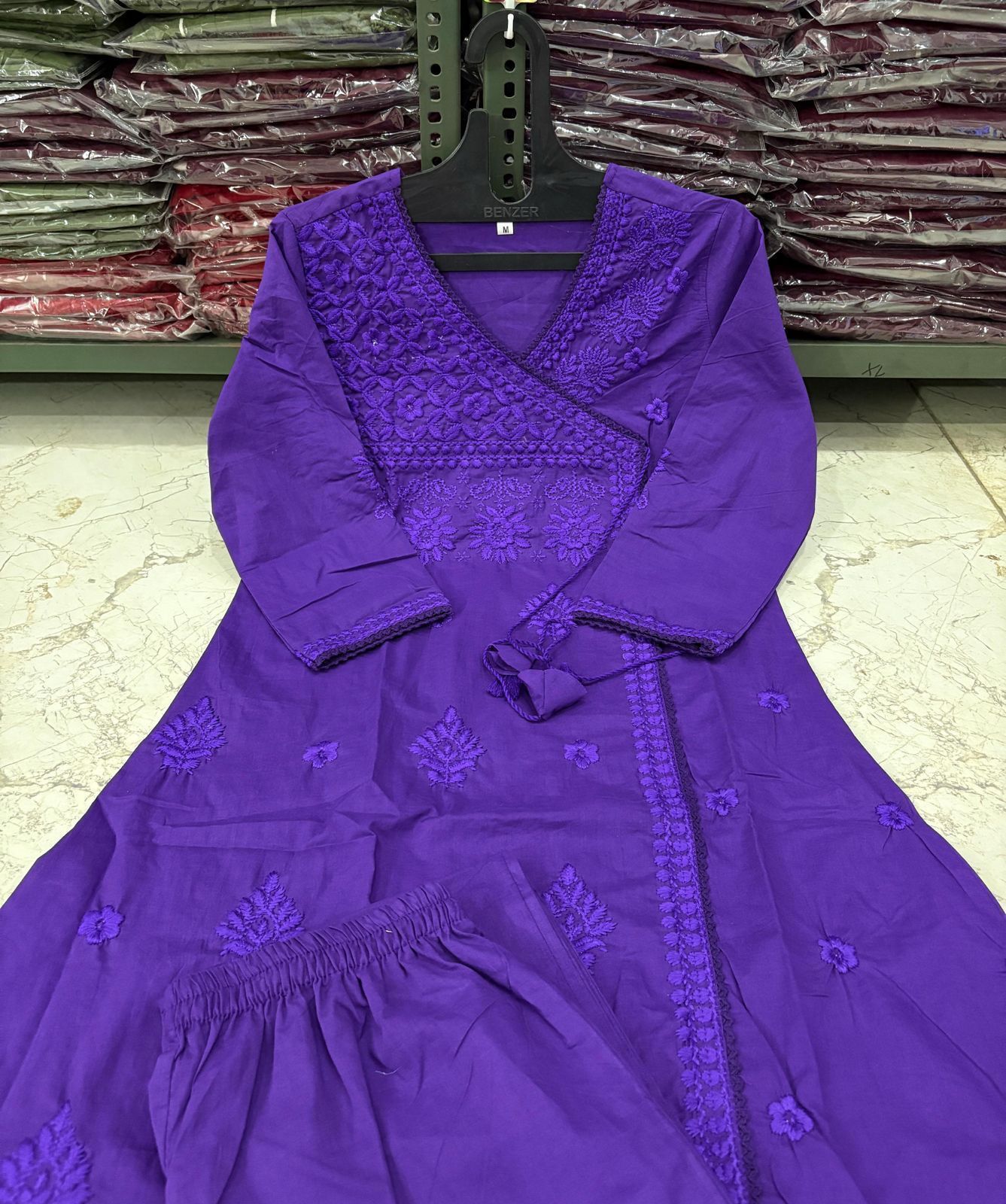 Cotton Chikankari Angrakha Kurti Pant Set | 60.60 Cotton