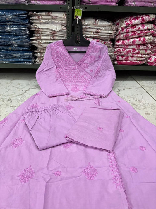 Cotton Chikankari Angrakha Kurti Set with Embroidered Malmal Dupatta