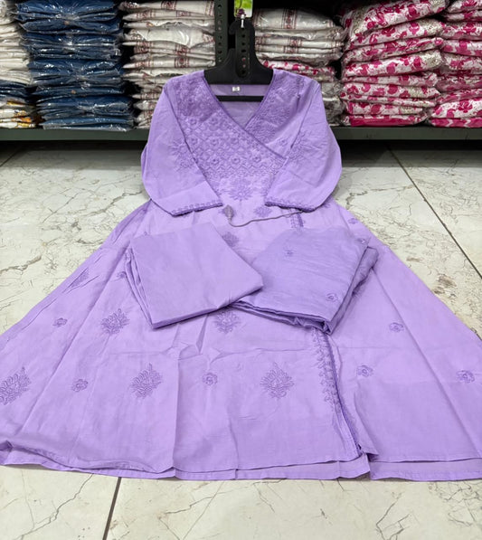 Cotton Chikankari Angrakha Kurti Set with Embroidered Malmal Dupatta