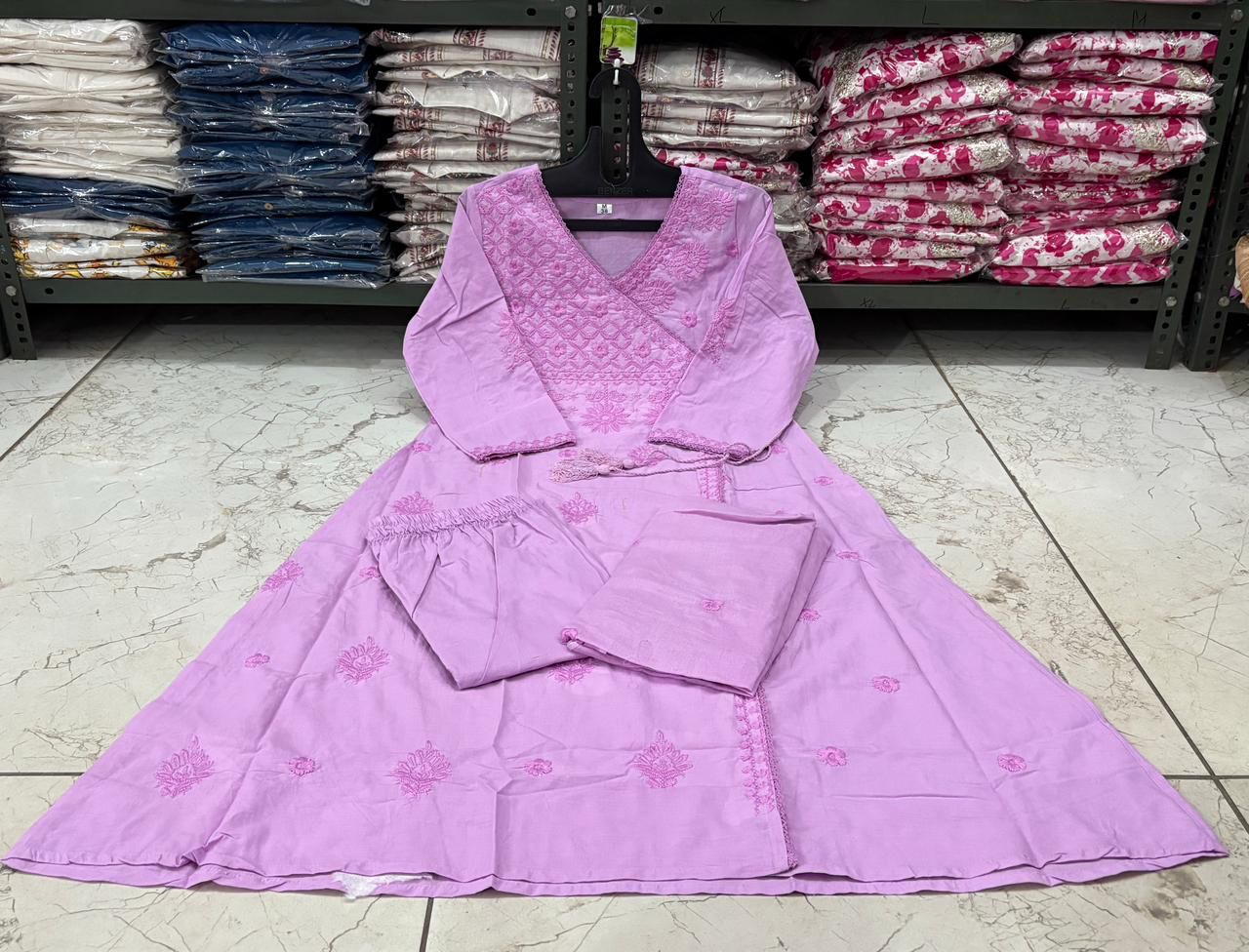 Cotton Chikankari Angrakha Kurti Set with Embroidered Malmal Dupatta