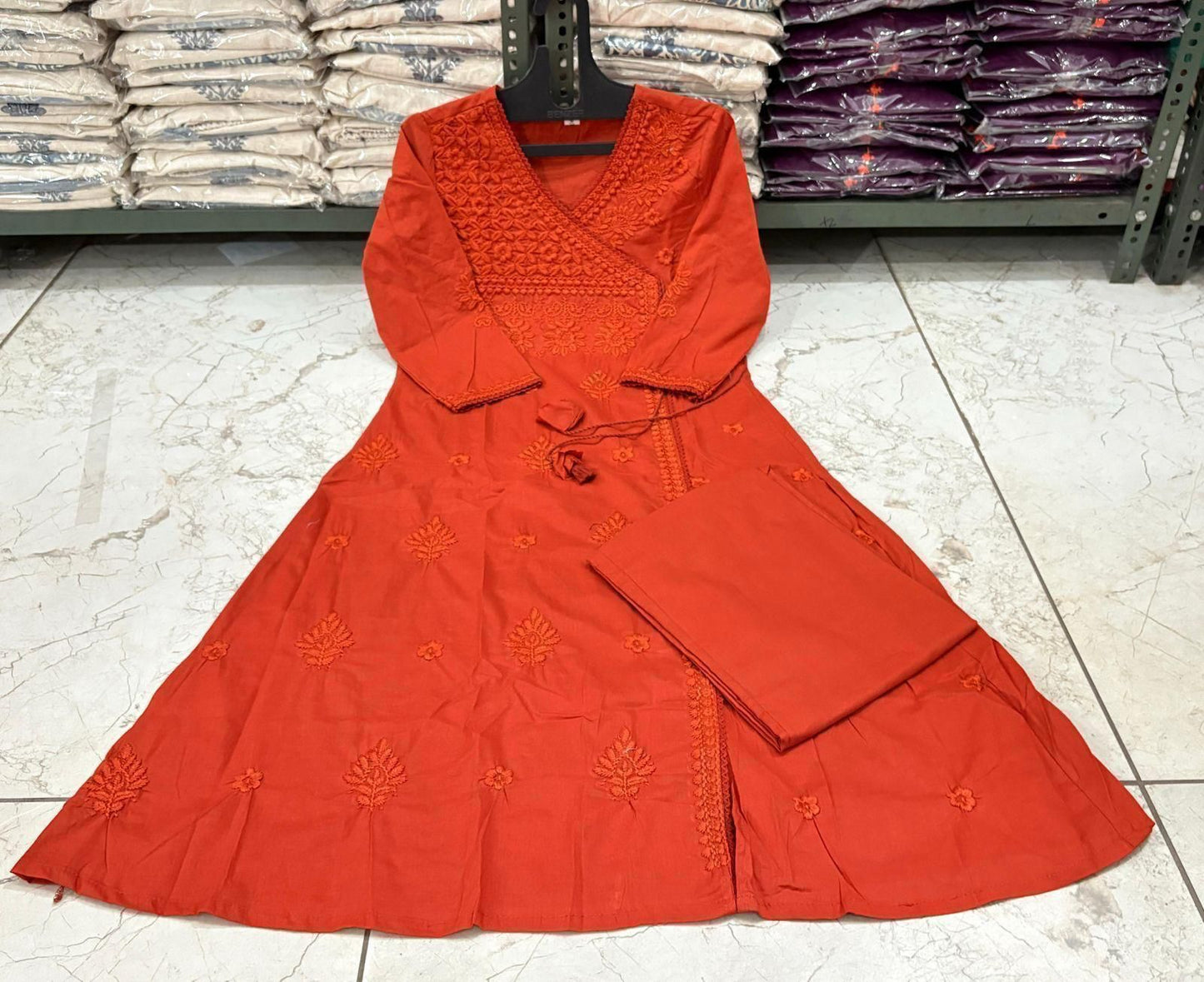 Cotton Chikankari Angrakha Style Kurti Pant Set for Women