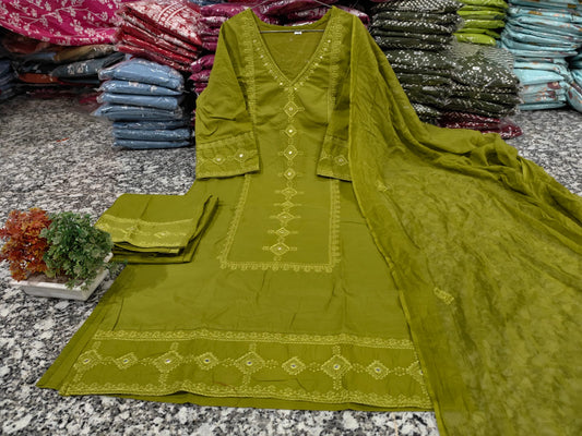 Cotton Chikankari Embroidered Kurti Pant Dupatta Suit Set