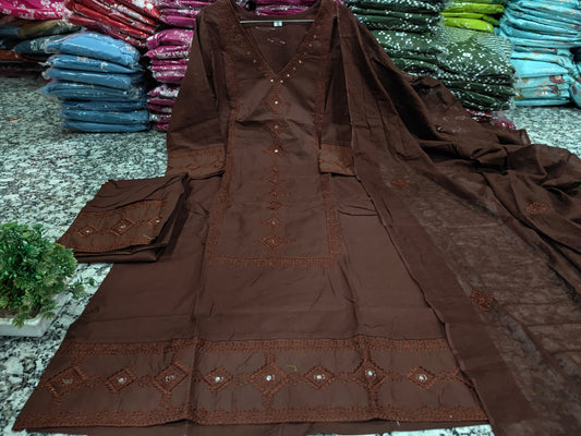 Cotton Chikankari Embroidered Kurti Pant Dupatta Suit Set