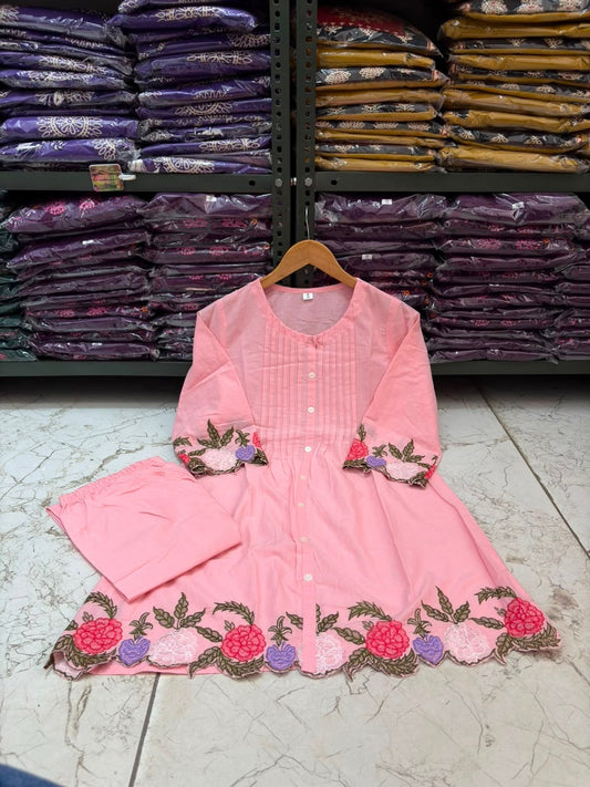 Cotton Co-Ord Set with Floral Embroidery & Front Button Detailing