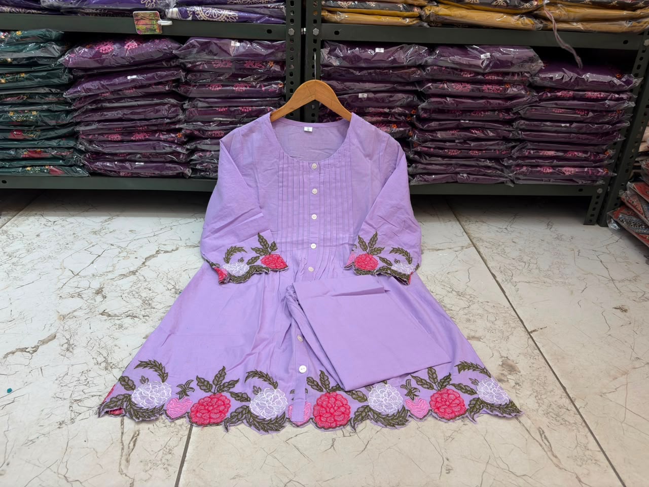 Cotton Co-Ord Set with Floral Embroidery & Front Button Detailing