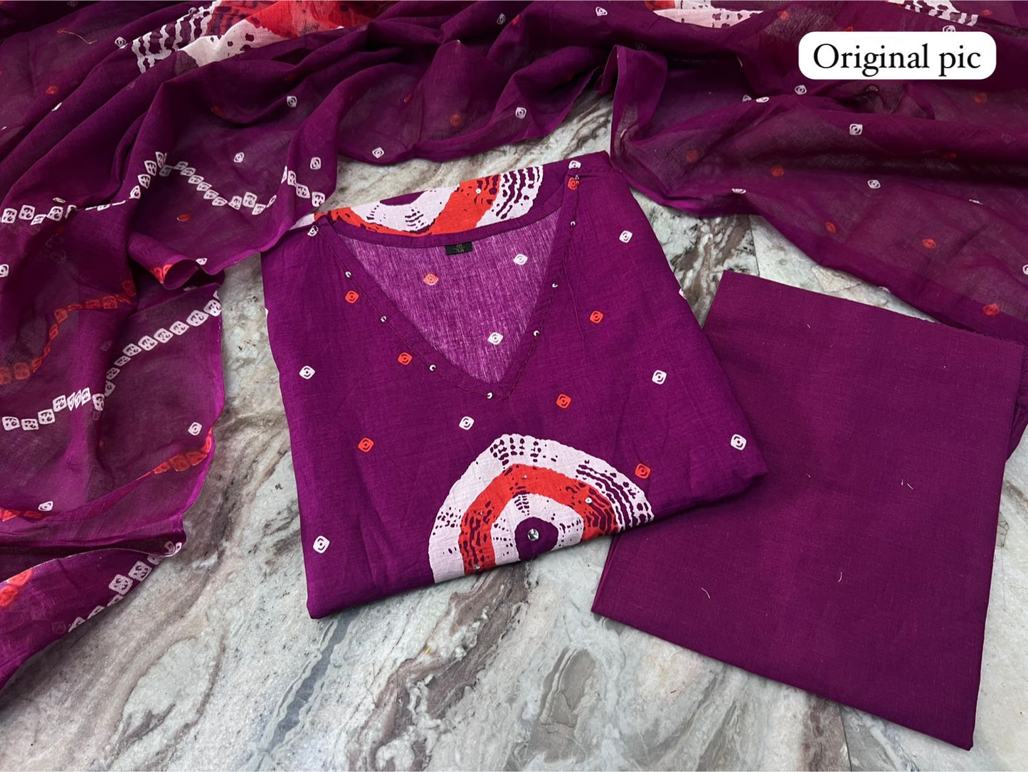 Cotton Discharge Print Kurti Pant Dupatta Set with Pocket