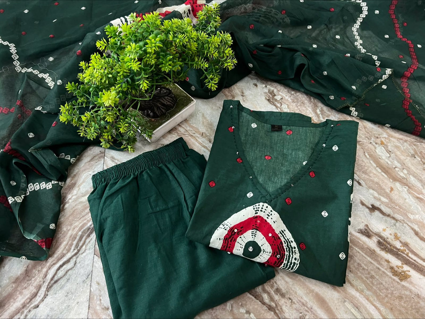 Cotton Discharge Print Kurti Pant Dupatta Set with Pocket