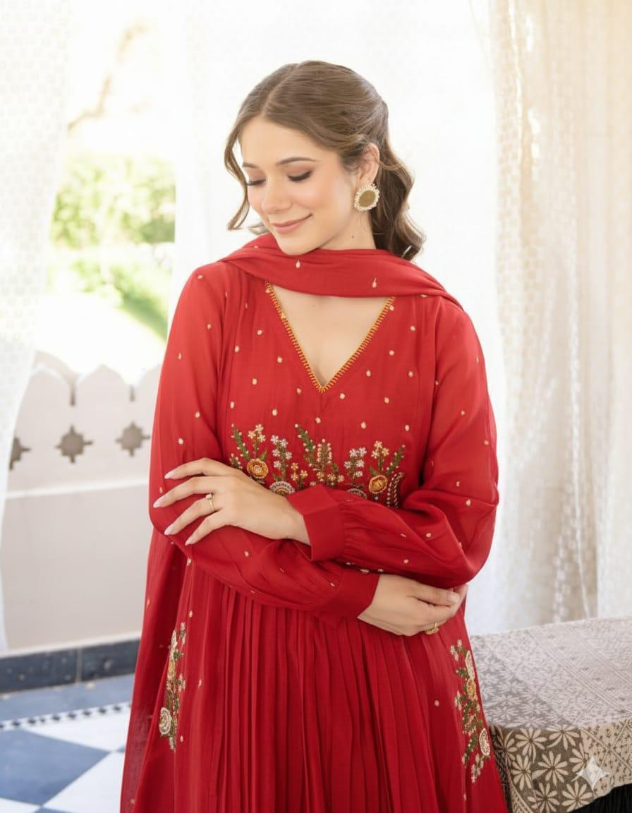 Cotton Embroidered Anarkali Kurta with Pant & Dupatta Set with Pocket