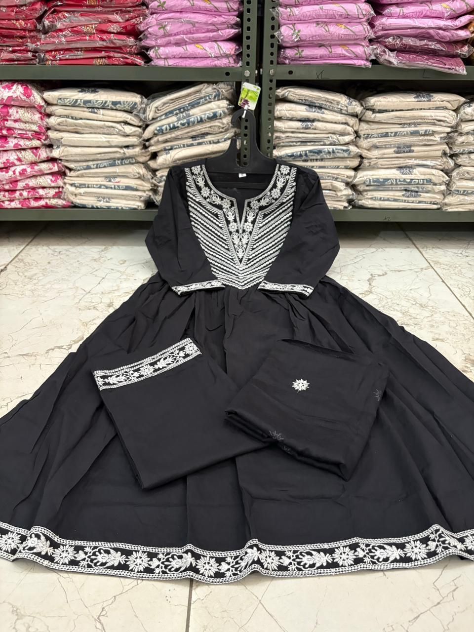 Cotton Embroidered Anarkali Suit Set with Pant & Dupatta