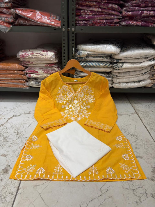 Cotton Embroidered Co-ord Set with Straight Kurti & Bottom