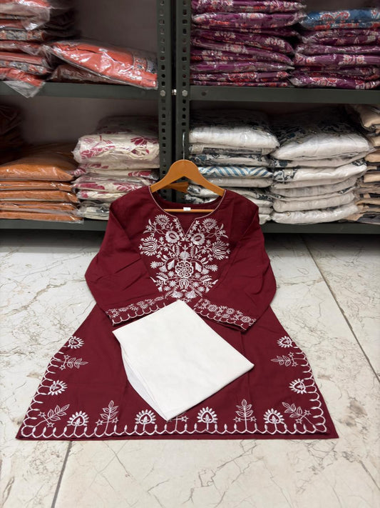 Cotton Embroidered Co-ord Set with Straight Kurti & Bottom