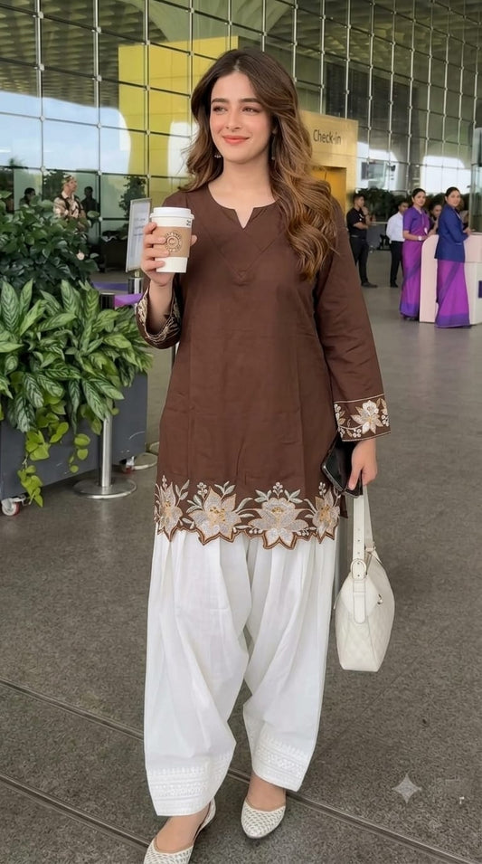 Cotton Embroidered Corset-Style Kurti with Off-White Farshi Salwar Set