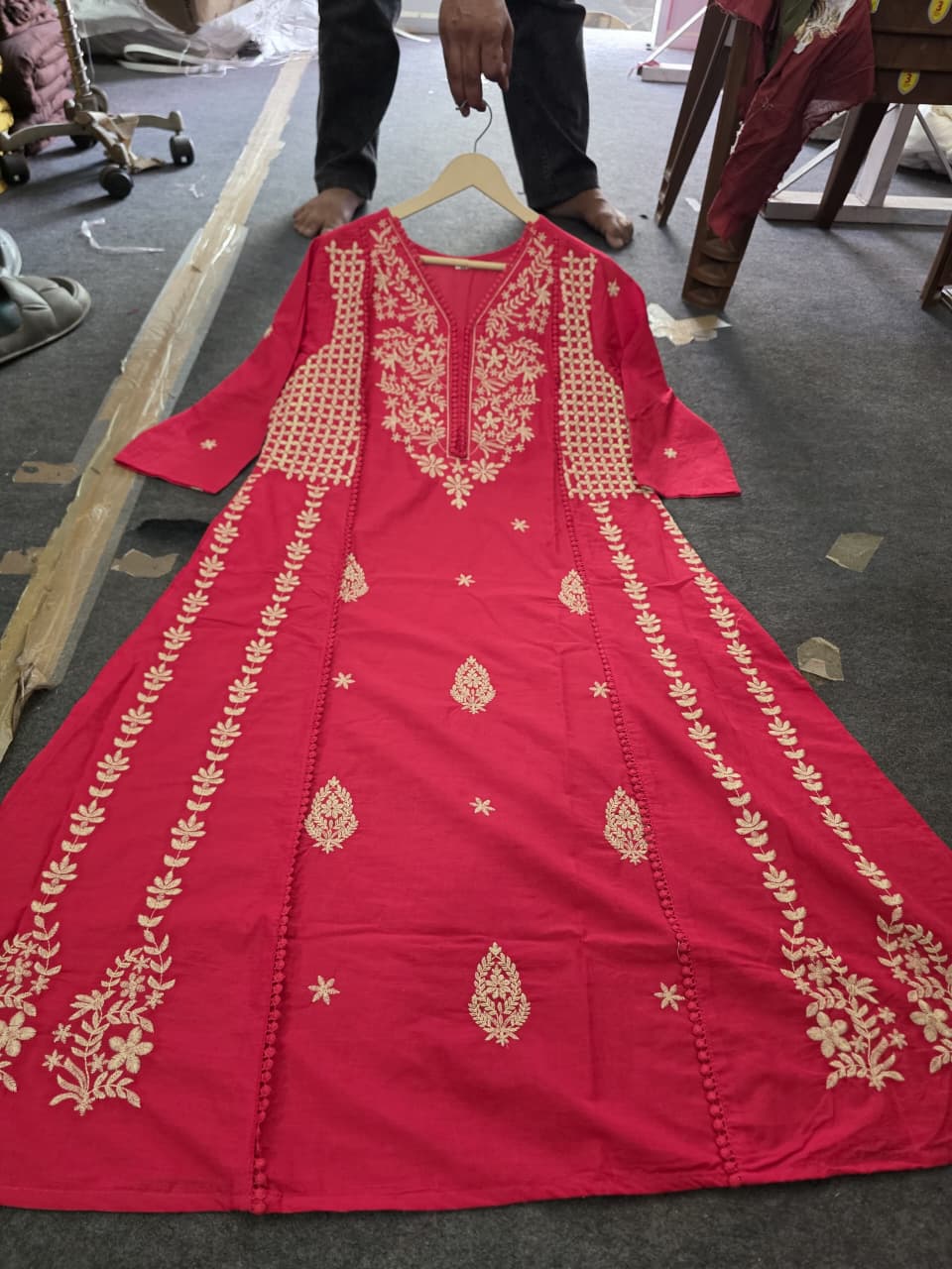 Cotton Embroidered Crochet Work A-Line Kurta Pant Dupatta Set