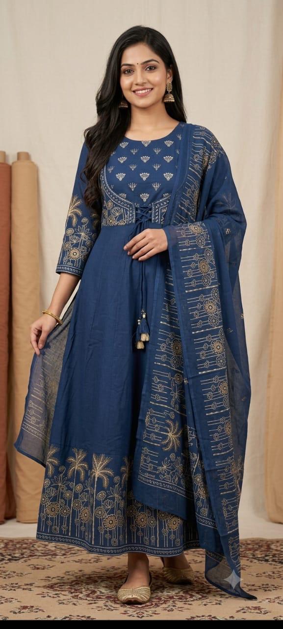 Cotton Embroidered Flared Anarkali Kurta Pant & Dupatta Set
