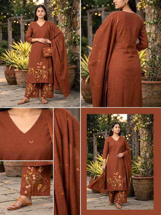 Cotton Embroidered Kurti Palazzo Dupatta Set