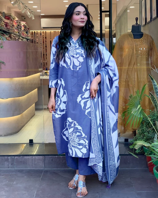 Cotton Embroidered Kurti Pant Dupatta Set