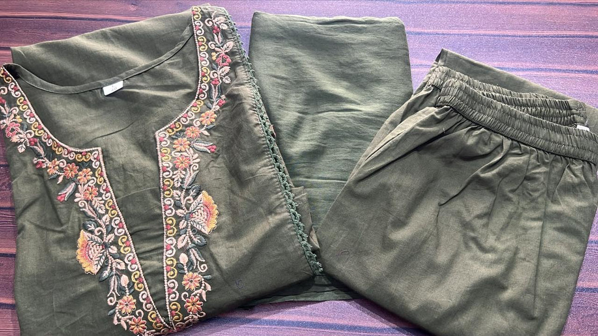 Cotton Embroidered Kurti Pant Dupatta Set
