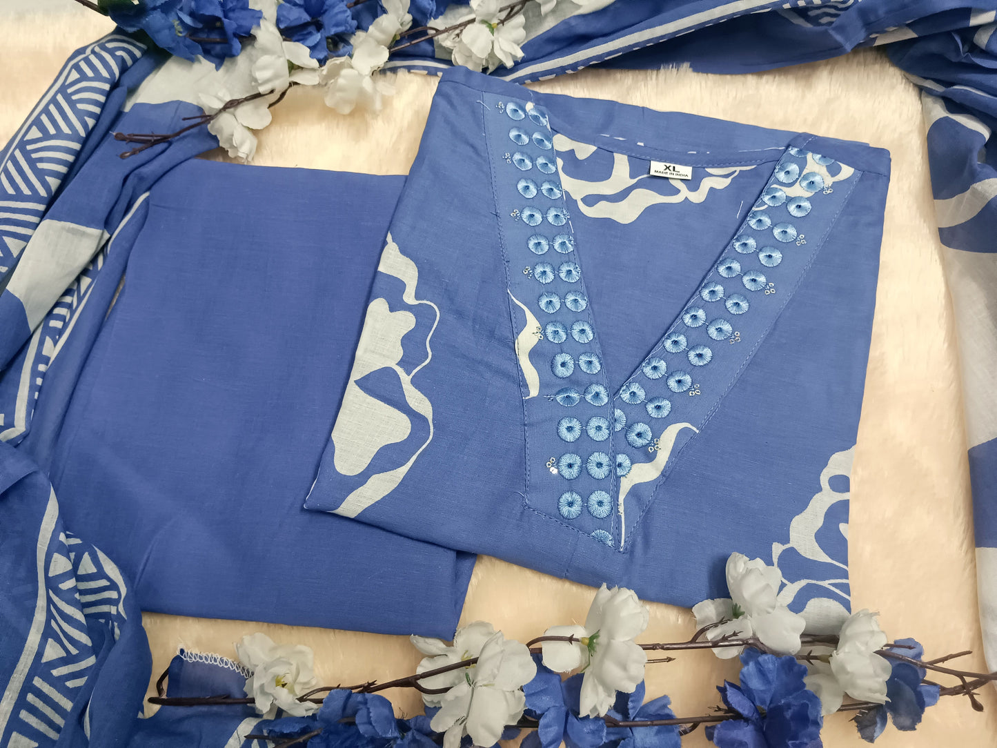 Cotton Embroidered Kurti Pant Dupatta Set