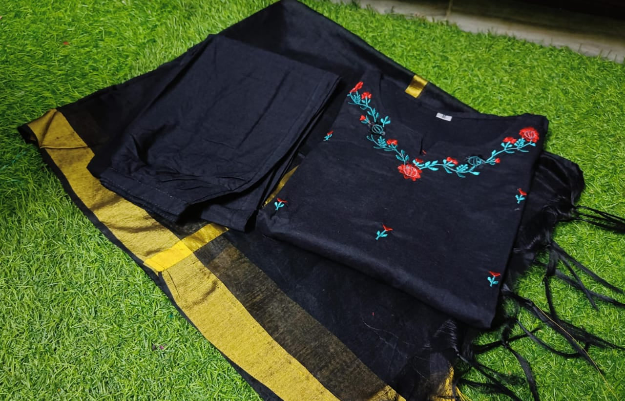 Cotton Embroidered Kurti Pant Set with Dupatta – Fully Stitched