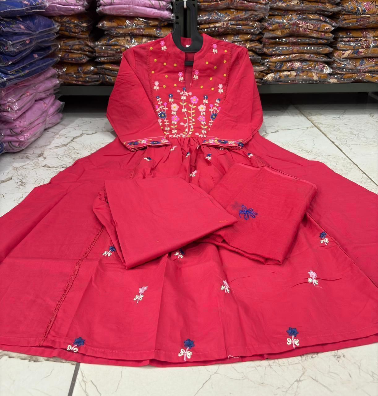 Cotton Embroidered Kurti Pant Set with Mal Mal Dupatta