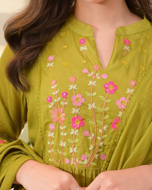 Cotton Embroidered Kurti Pant Set with Mal Mal Dupatta