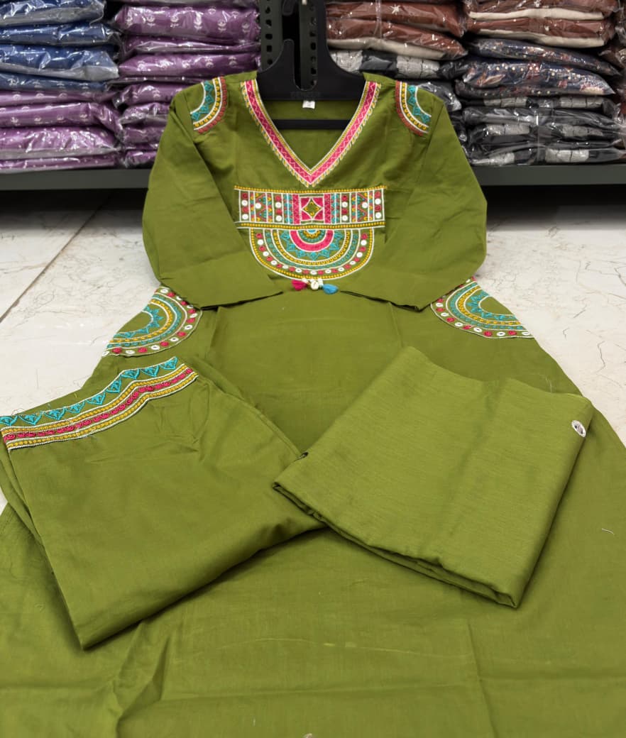 Cotton Embroidered Kurti Set with Mal Mal Dupatta & Moti Work