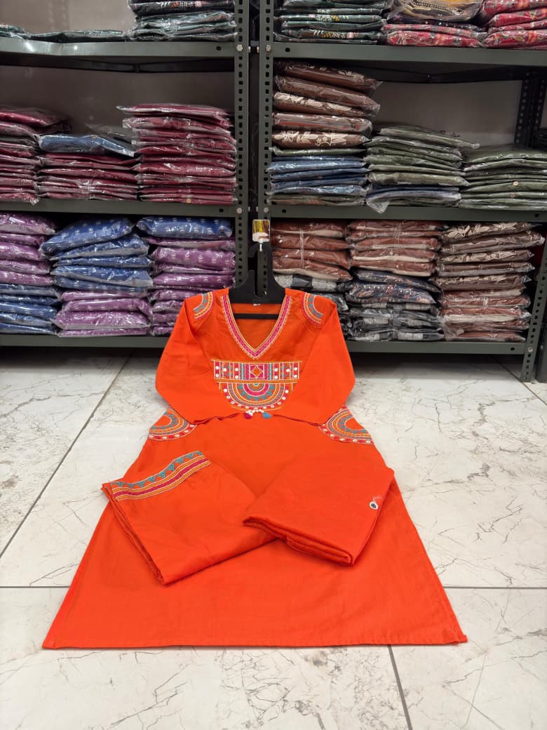 Cotton Embroidered Kurti Set with Mal Mal Dupatta & Moti Work