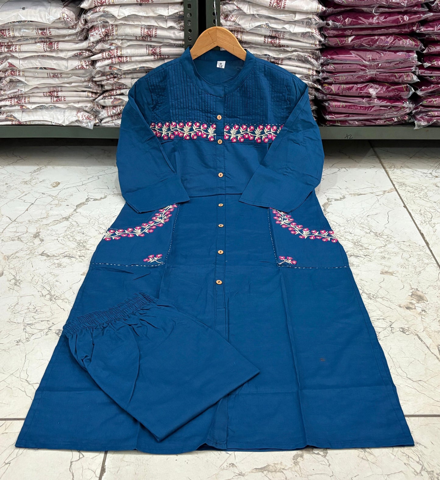 Cotton Embroidered Kurti with 2 Side Pockets & Pant Set