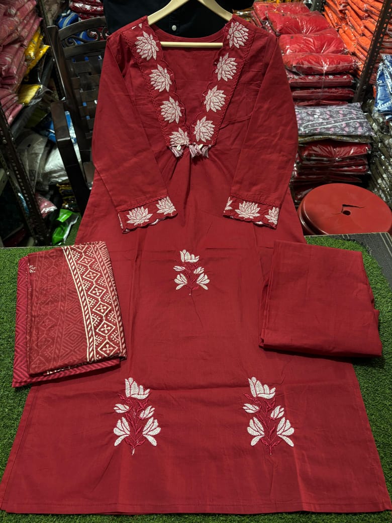 Cotton Embroidered Suit Set with Pant & Printed Dupatta