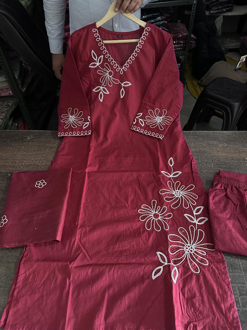 Cotton Embroidery Work Kurti Pant & Dupatta Set