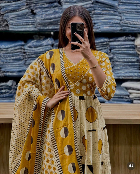 Cotton Flair Ghera Kurti Set with Printed Pant & Mal Mal Dupatta