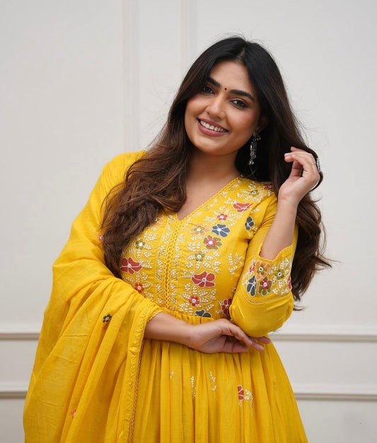 Cotton Flairy Kurti Pant Set with Embroidery & Mal Mal Dupatta